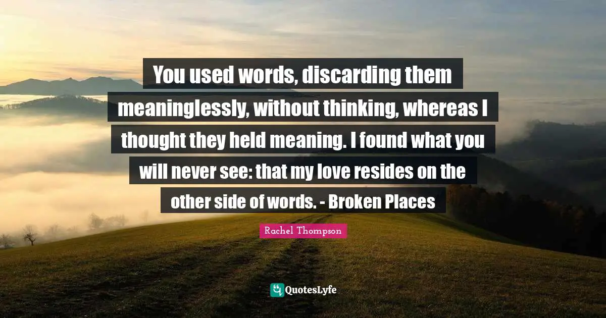 You used words, discarding them meaninglessly, without thinking, whereas I thought they held meaning. I found what you will never see: that my love resides on the other side of words. - Broken Places
