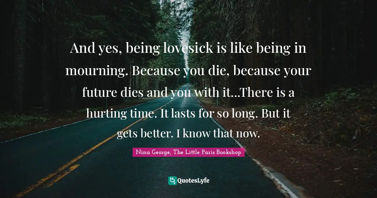 And yes, being lovesick is like being in mourning. Because you die, because your future dies and you with it...There is a hurting time. It lasts for so long. But it gets better. I know that now.