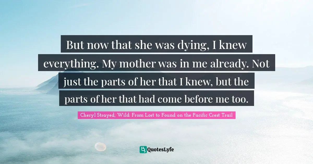 But now that she was dying, I knew everything. My mother was in me already. Not just the parts of her that I knew, but the parts of her that had come before me too.