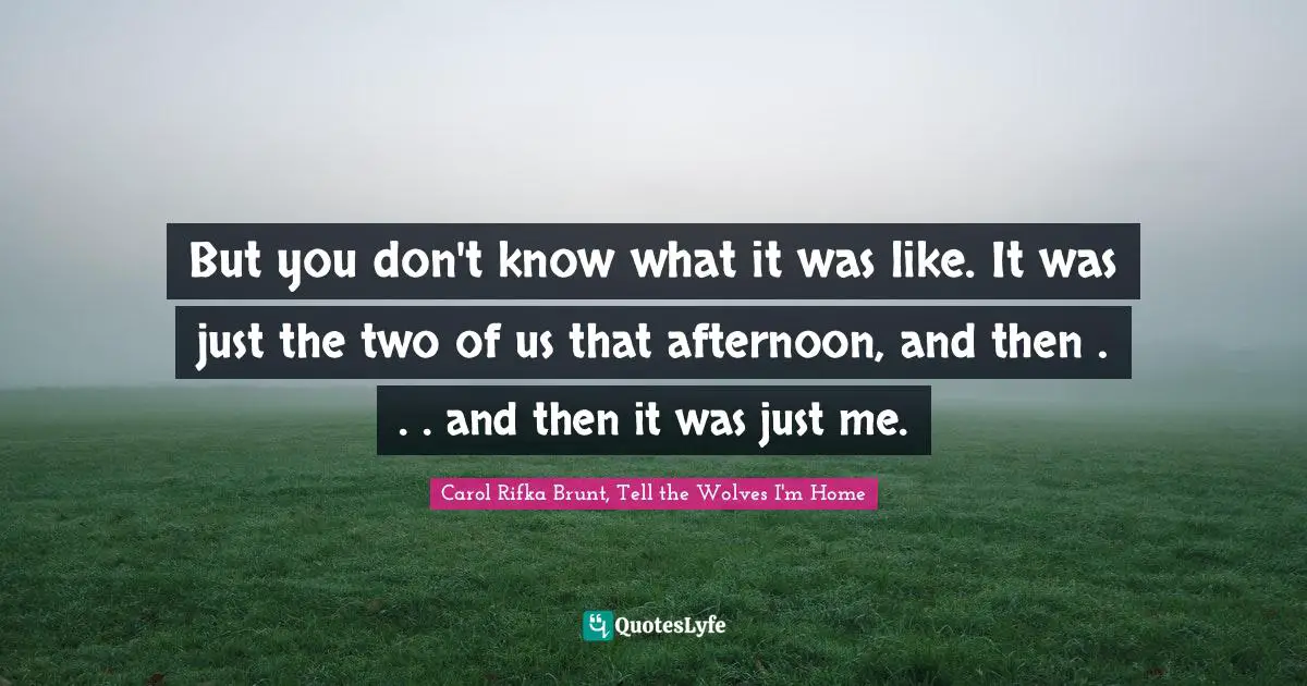 But you don't know what it was like. It was just the two of us that afternoon, and then . . . and then it was just me.