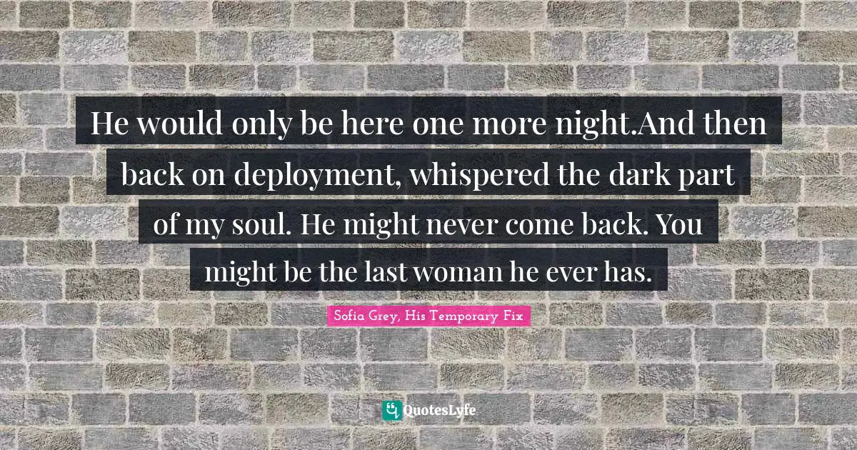 He would only be here one more night.And then back on deployment, whispered the dark part of my soul. He might never come back. You might be the last woman he ever has.