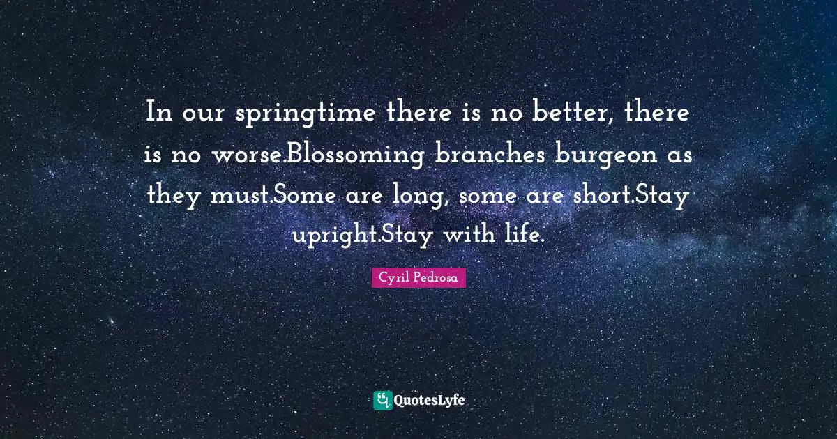 In our springtime there is no better, there is no worse.Blossoming branches burgeon as they must.Some are long, some are short.Stay upright.Stay with life.