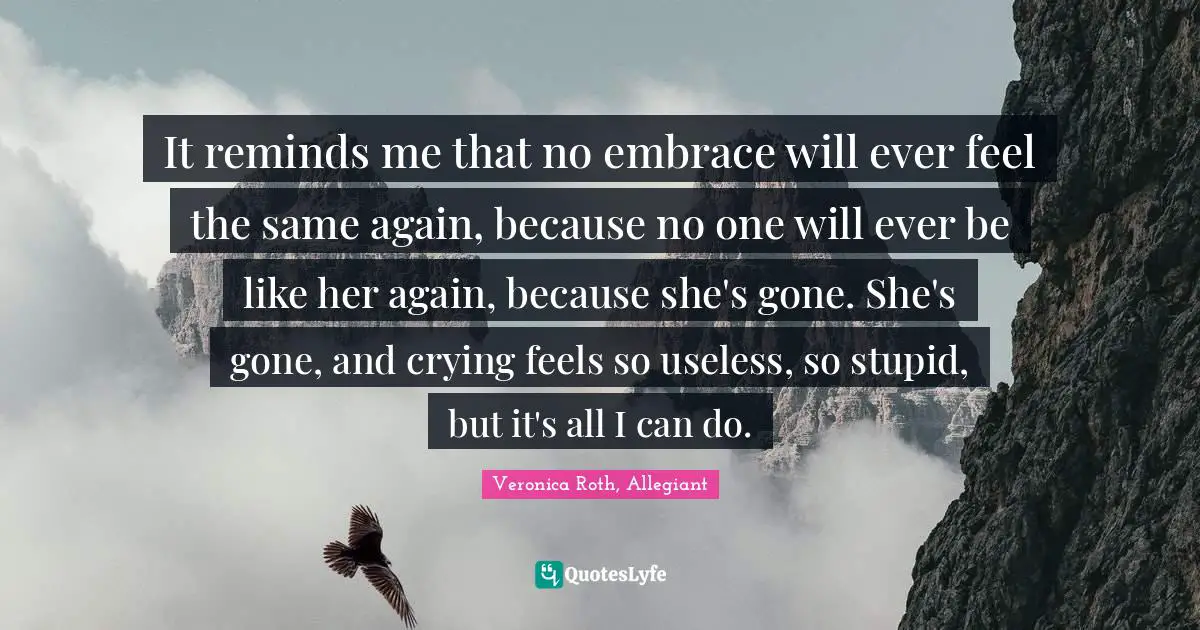 It reminds me that no embrace will ever feel the same again, because no one will ever be like her again, because she's gone. She's gone, and crying feels so useless, so stupid, but it's all I can do.