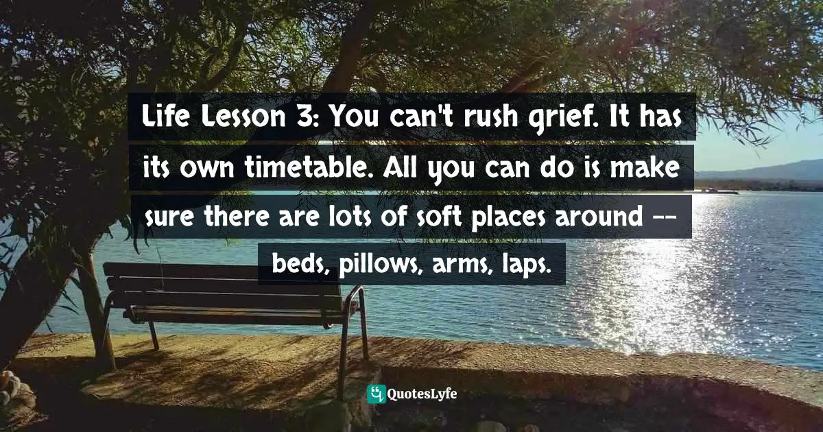 Life Lesson 3: You can't rush grief. It has its own timetable. All you can do is make sure there are lots of soft places around -- beds, pillows, arms, laps.