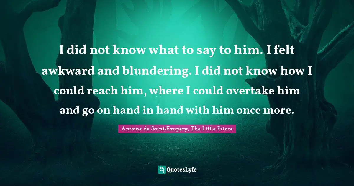 I did not know what to say to him. I felt awkward and blundering. I did not know how I could reach him, where I could overtake him and go on hand in hand with him once more.