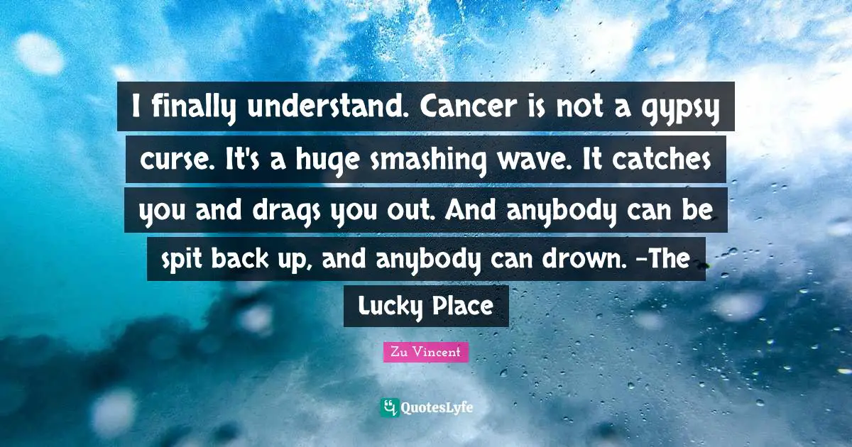 I finally understand. Cancer is not a gypsy curse. It's a huge smashing wave. It catches you and drags you out. And anybody can be spit back up, and anybody can drown. -The Lucky Place