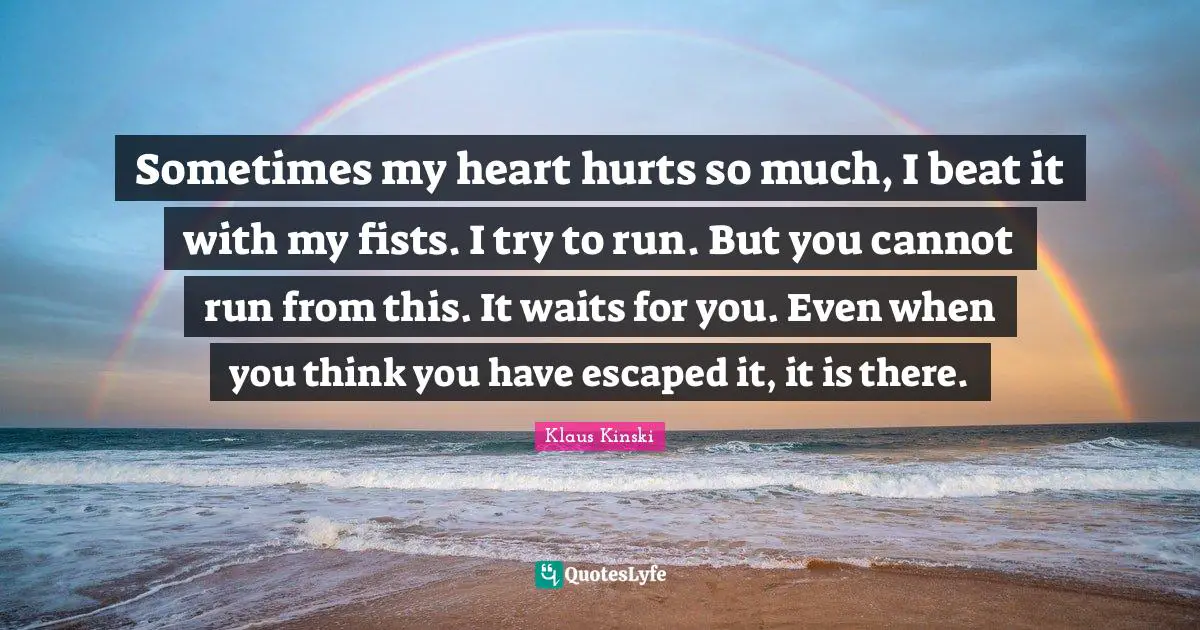Sometimes my heart hurts so much, I beat it with my fists. I try to run. But you cannot run from this. It waits for you. Even when you think you have escaped it, it is there.
