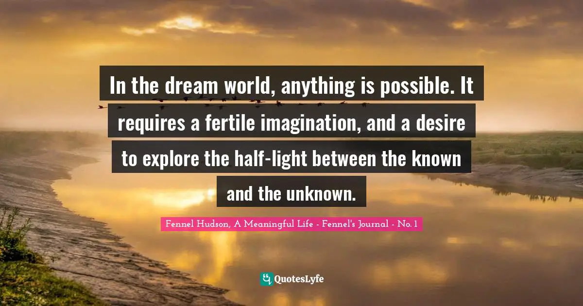 Fennel Hudson, A Meaningful Life - Fennel's Journal - No. 1 Quotes: "In the dream world, anything is possible. It requires a fertile imagination, and a desire to explore the half-light between the known and the unknown."