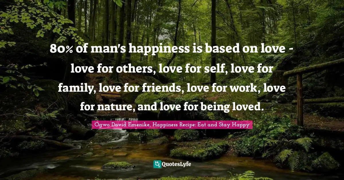 80% of man's happiness is based on love - love for others, love for self, love for family, love for friends, love for work, love for nature, and love for being loved.