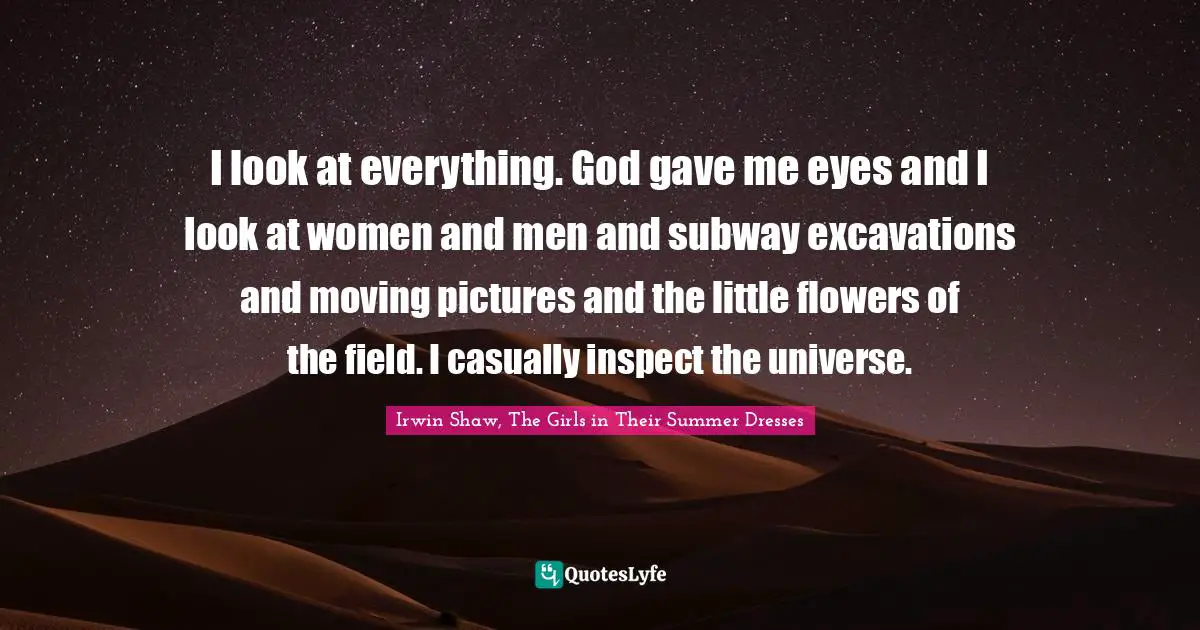 I look at everything. God gave me eyes and I look at women and men and subway excavations and moving pictures and the little flowers of the field. I casually inspect the universe.