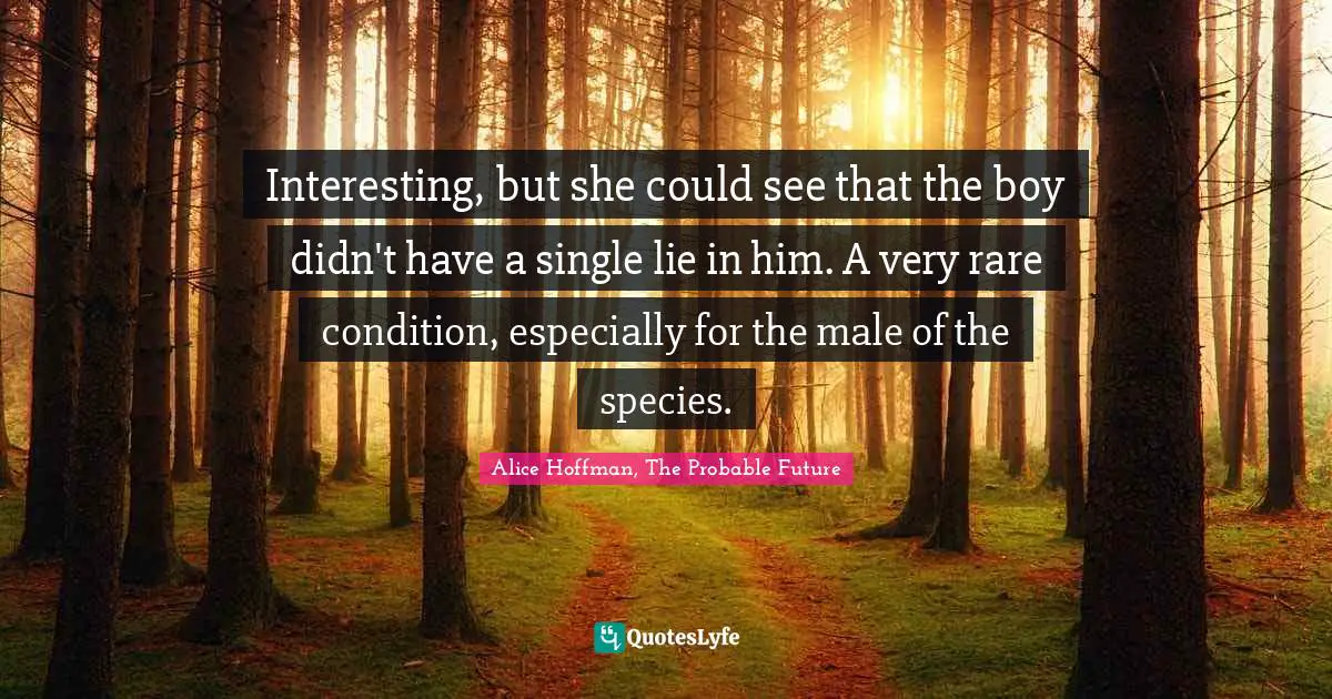 Interesting, but she could see that the boy didn't have a single lie in him. A very rare condition, especially for the male of the species.