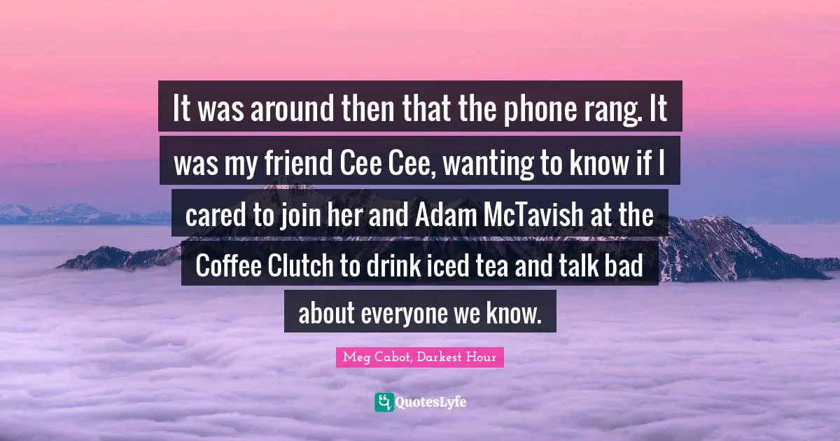 It was around then that the phone rang. It was my friend Cee Cee, wanting to know if I cared to join her and Adam McTavish at the Coffee Clutch to drink iced tea and talk bad about everyone we know.