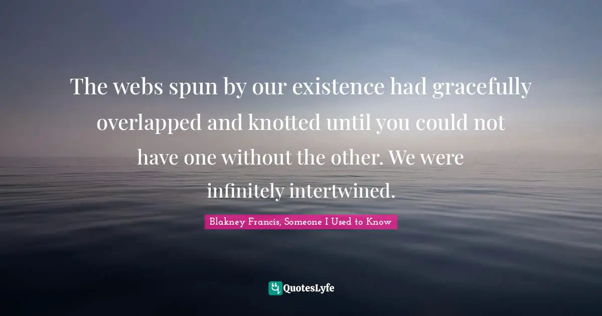 The webs spun by our existence had gracefully overlapped and knotted until you could not have one without the other. We were infinitely intertwined.