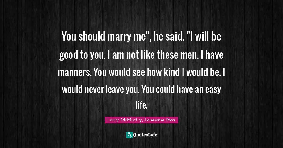 You should marry me", he said. "I will be good to you. I am not like these men. I have manners. You would see how kind I would be. I would never leave you. You could have an easy life.