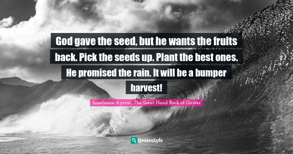 Israelmore Ayivor, The Great Hand Book of Quotes Quotes: God gave the seed, but he wants the fruits back. Pick the seeds up. Plant the best ones. He promised the rain. It will be a bumper harvest!