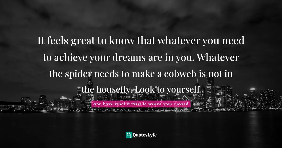 It feels great to know that whatever you need to achieve your dreams are in you. Whatever the spider needs to make a cobweb is not in the housefly. Look to yourself