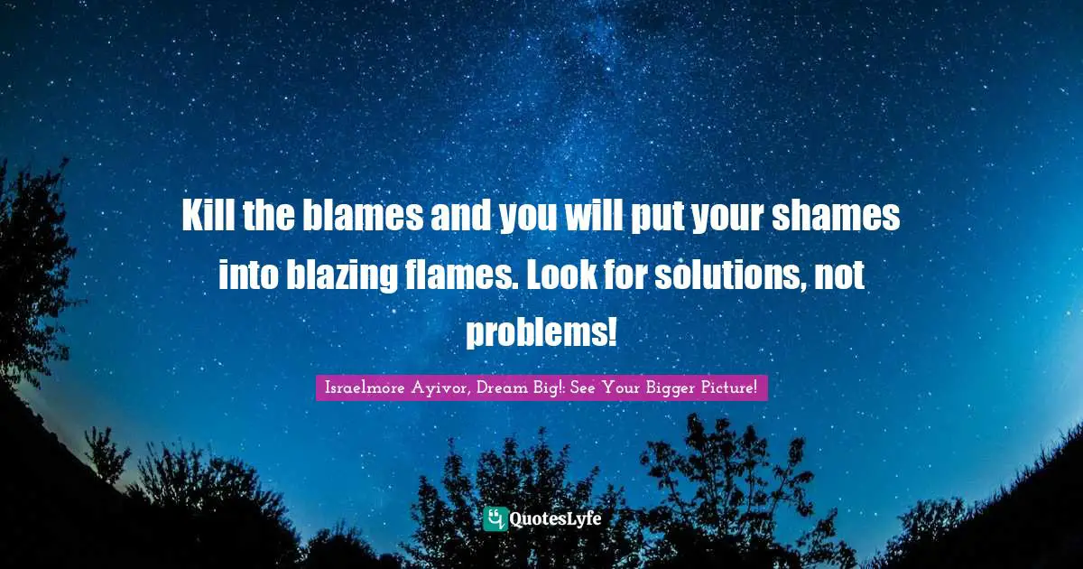 Kill the blames and you will put your shames into blazing flames. Look for solutions, not problems!