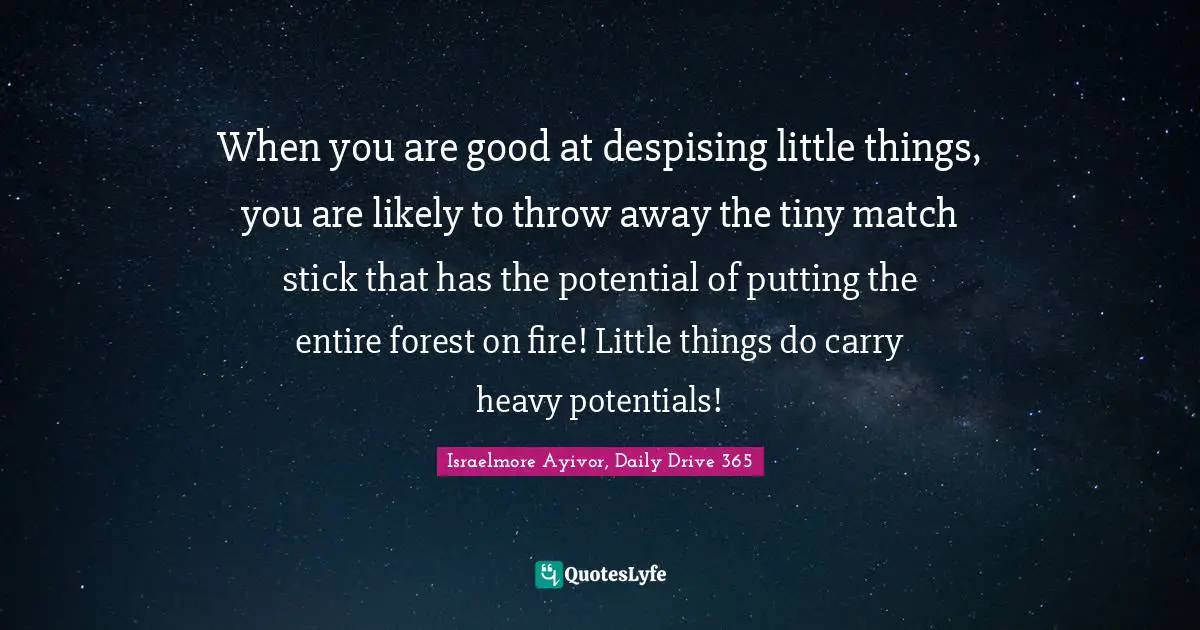 Israelmore Ayivor, Daily Drive 365 Quotes: "When you are good at despising little things, you are likely to throw away the tiny match stick that has the potential of putting the entire forest on fire! Little things do carry heavy potentials!"