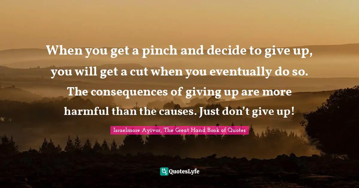 Decide Quotes: "When you get a pinch and decide to give up, you will get a cut when you eventually do so. The consequences of giving up are more harmful than the causes. Just don’t give up!"