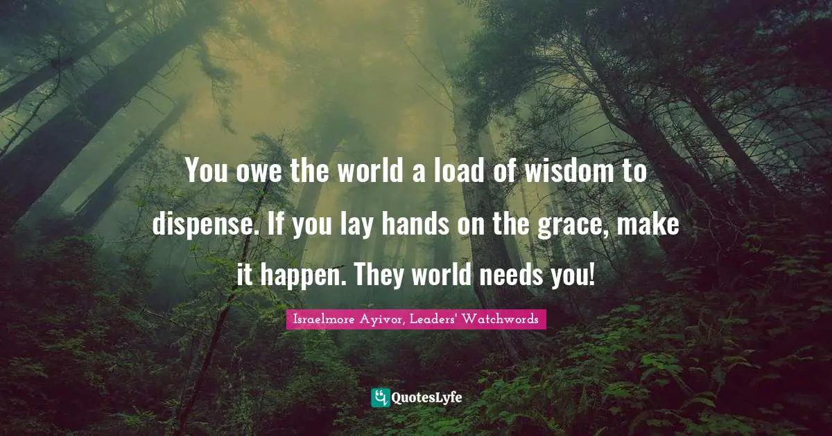 Israelmore Ayivor, Leaders' Watchwords Quotes: You owe the world a load of wisdom to dispense. If you lay hands on the grace, make it happen. They world needs you!