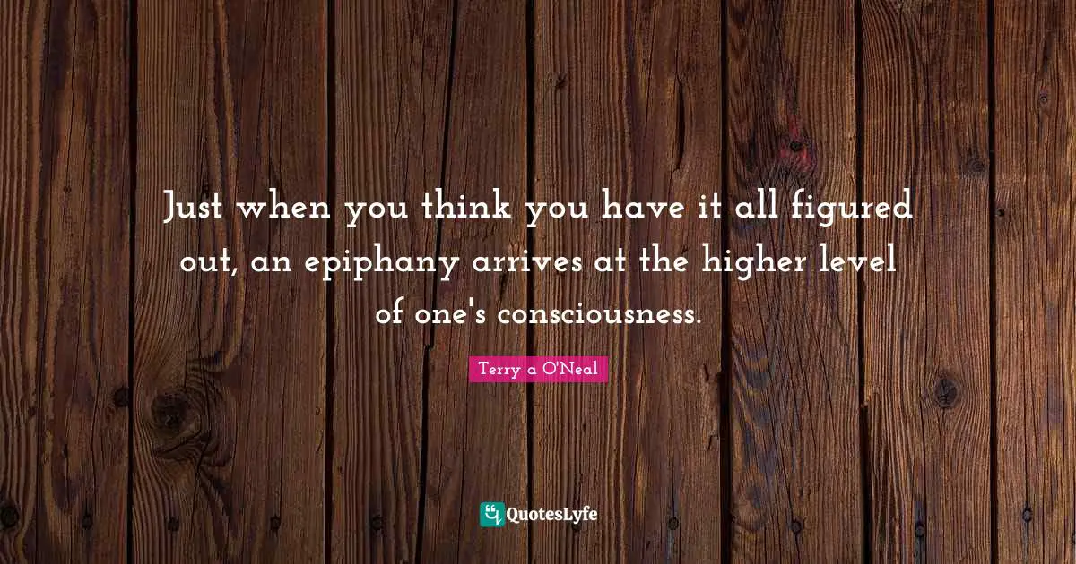 Terry A O'Neal Quotes: "Just when you think you have it all figured out, an epiphany arrives at the higher level of one's consciousness."