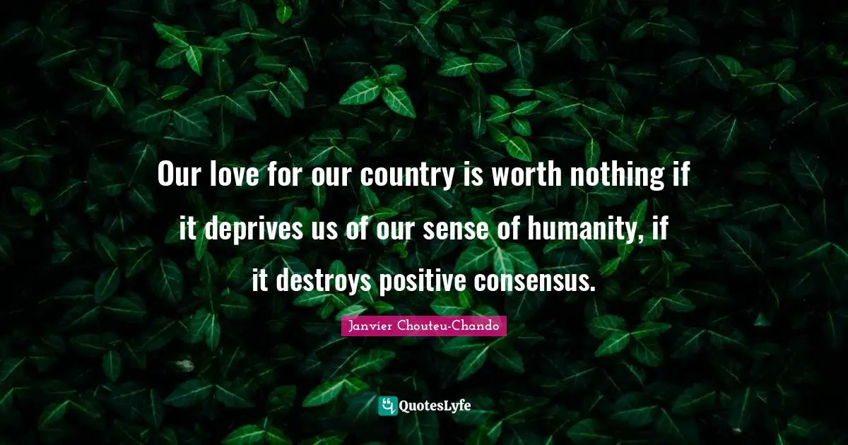 Janvier Chouteu-Chando Quotes: "Our love for our country is worth nothing if it deprives us of our sense of humanity, if it destroys positive consensus."