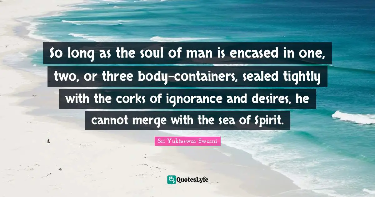 So long as the soul of man is encased in one, two, or three body-containers, sealed tightly with the corks of ignorance and desires, he cannot merge with the sea of Spirit.