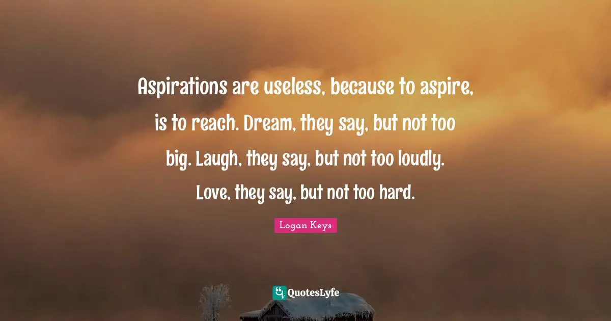 Aspirations are useless, because to aspire, is to reach. Dream, they say, but not too big. Laugh, they say, but not too loudly. Love, they say, but not too hard.