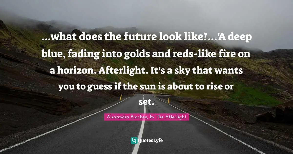 ...what does the future look like?...'A deep blue, fading into golds and reds-like fire on a horizon. Afterlight. It's a sky that wants you to guess if the sun is about to rise or set.