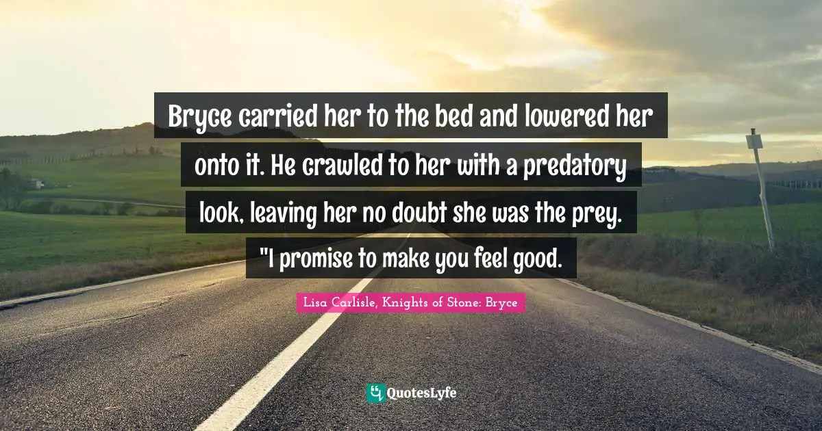 Bryce carried her to the bed and lowered her onto it. He crawled to her with a predatory look, leaving her no doubt she was the prey. "I promise to make you feel good.