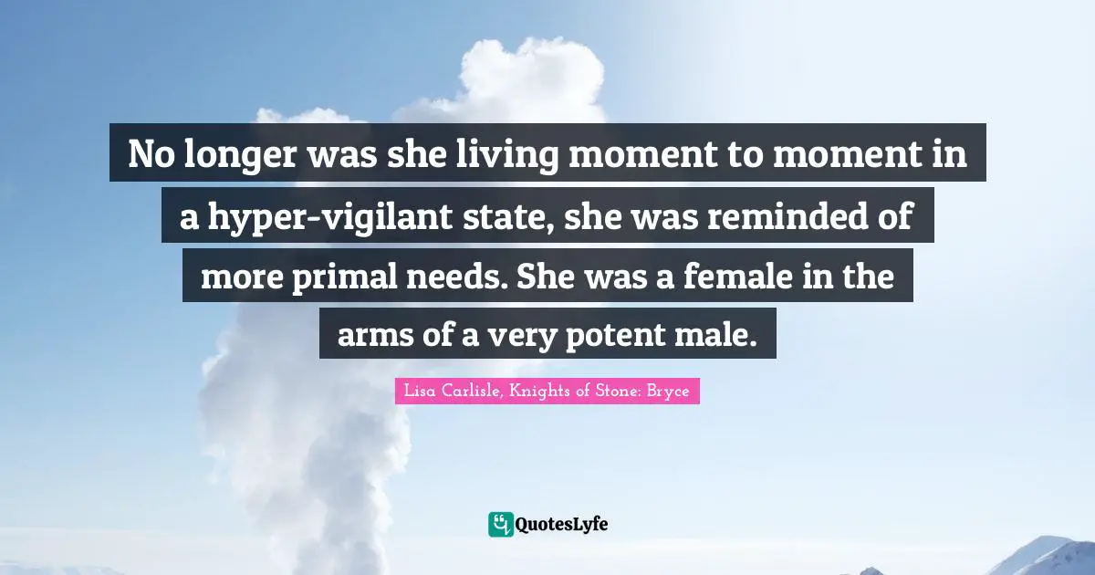 No longer was she living moment to moment in a hyper-vigilant state, she was reminded of more primal needs. She was a female in the arms of a very potent male.