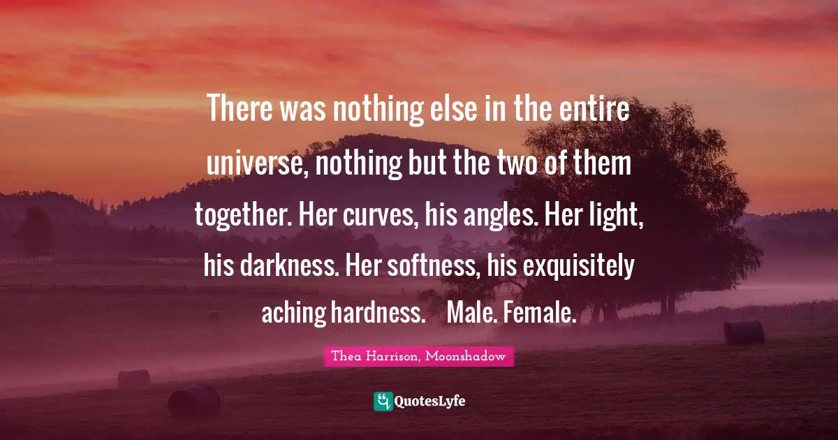 There was nothing else in the entire universe, nothing but the two of them together. Her curves, his angles. Her light, his darkness. Her softness, his exquisitely aching hardness.	Male. Female.