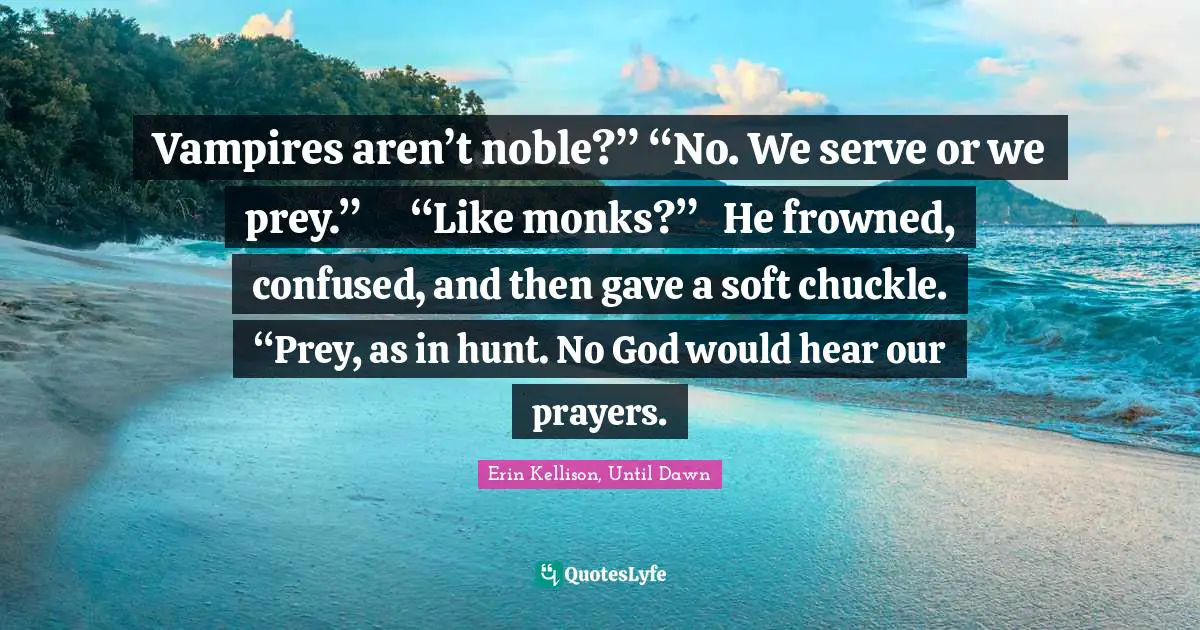 Vampires aren’t noble?”	“No. We serve or we prey.”	“Like monks?”	He frowned, confused, and then gave a soft chuckle. “Prey, as in hunt. No God would hear our prayers.