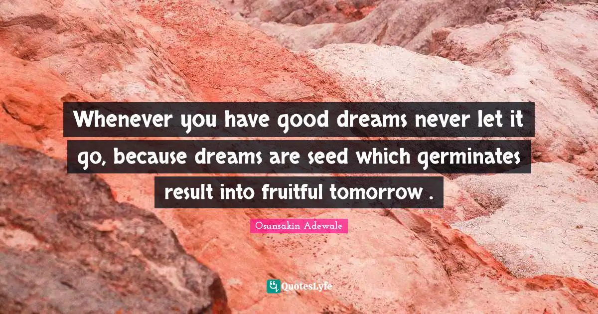 Whenever you have good dreams never let it go, because dreams are seed which germinates result into fruitful tomorrow .
