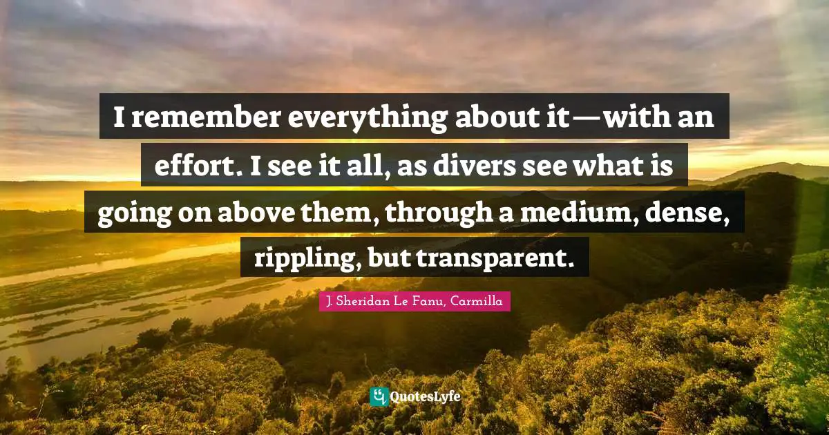 I remember everything about it—with an effort. I see it all, as divers see what is going on above them, through a medium, dense, rippling, but transparent.