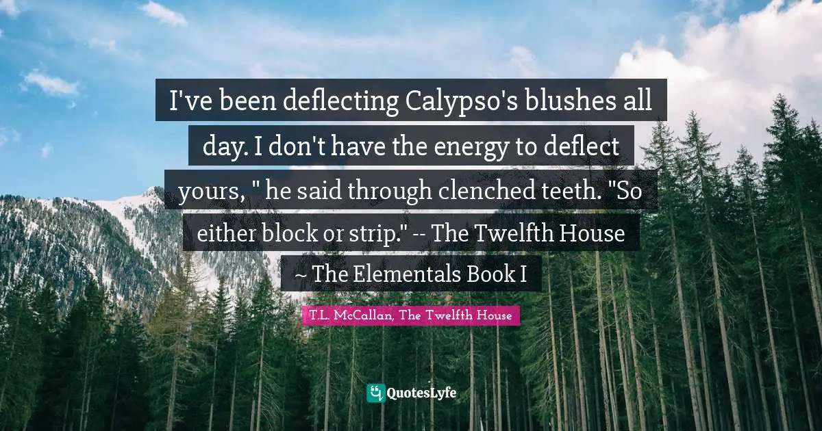 I've been deflecting Calypso's blushes all day. I don't have the energy to deflect yours, " he said through clenched teeth. "So either block or strip." -- The Twelfth House ~ The Elementals Book I