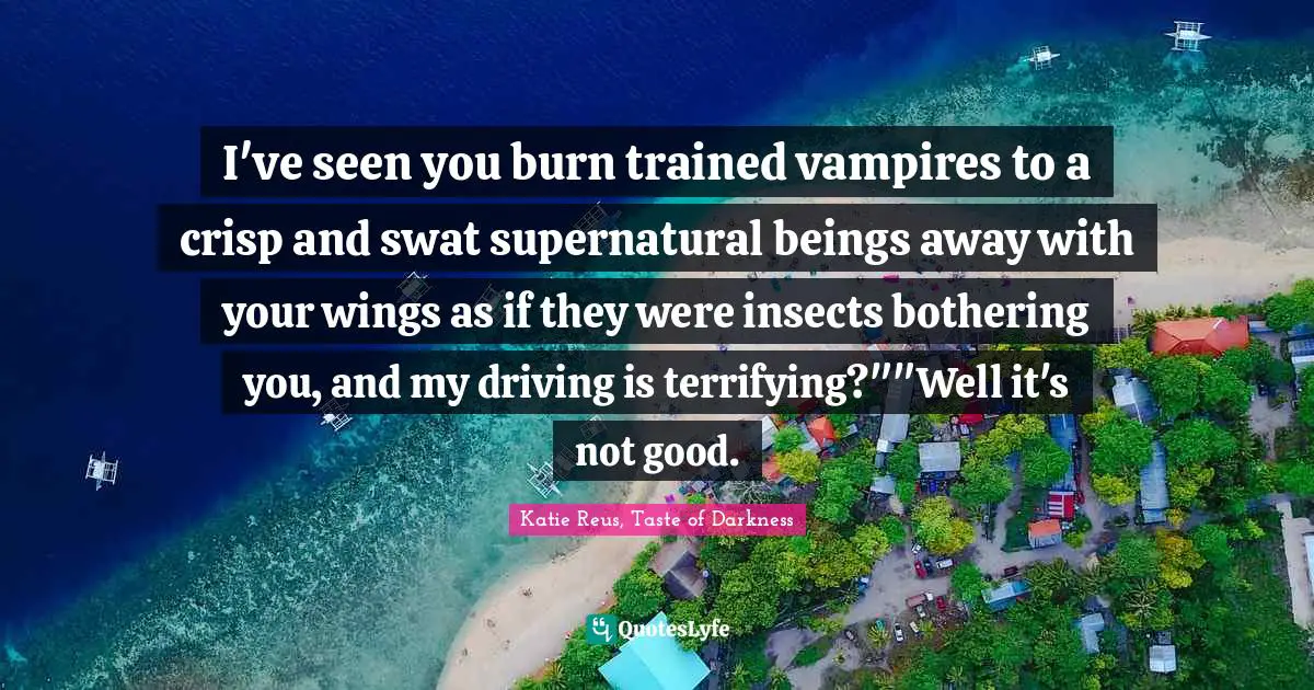 I've seen you burn trained vampires to a crisp and swat supernatural beings away with your wings as if they were insects bothering you, and my driving is terrifying?""Well it's not good.