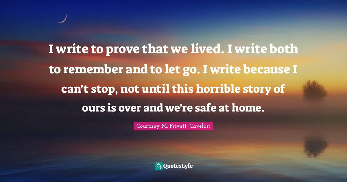 I write to prove that we lived. I write both to remember and to let go. I write because I can't stop, not until this horrible story of ours is over and we're safe at home.