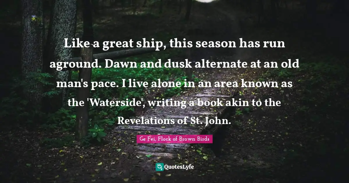 Like a great ship, this season has run aground. Dawn and dusk alternate at an old man's pace. I live alone in an area known as the 'Waterside', writing a book akin to the Revelations of St. John.
