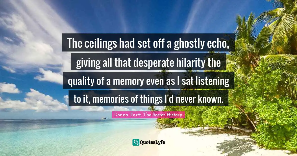 The ceilings had set off a ghostly echo, giving all that desperate hilarity the quality of a memory even as I sat listening to it, memories of things I'd never known.