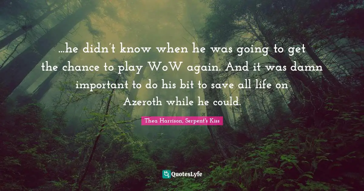 Video Games Quotes: "...he didn’t know when he was going to get the chance to play WoW again. And it was damn important to do his bit to save all life on Azeroth while he could."