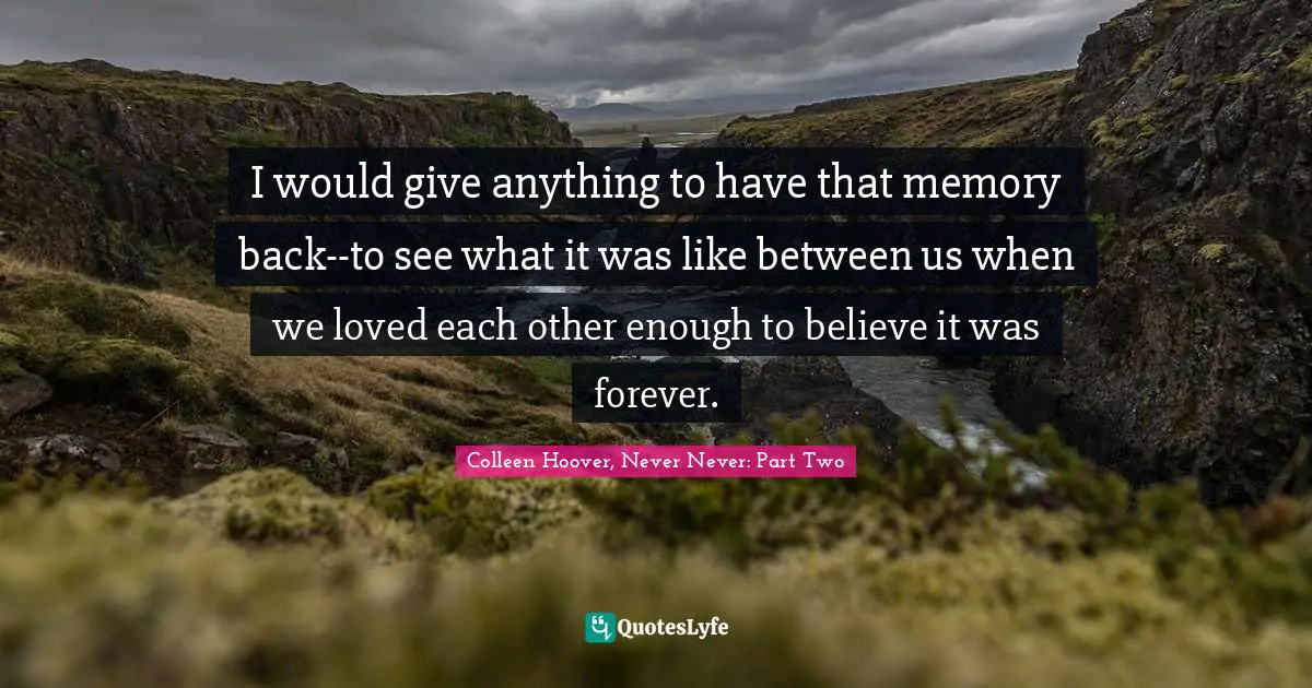 I would give anything to have that memory back--to see what it was like between us when we loved each other enough to believe it was forever.