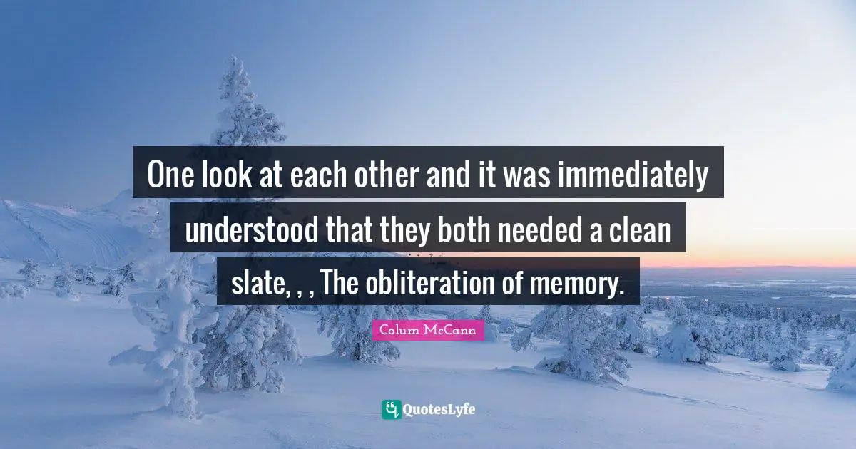 One look at each other and it was immediately understood that they both needed a clean slate, , , The obliteration of memory.