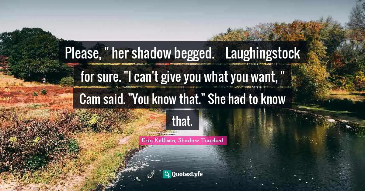 Please, " her shadow begged.	Laughingstock for sure.	"I can't give you what you want, " Cam said. "You know that." She had to know that.