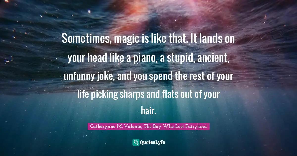 Sometimes, magic is like that. It lands on your head like a piano, a stupid, ancient, unfunny joke, and you spend the rest of your life picking sharps and flats out of your hair.