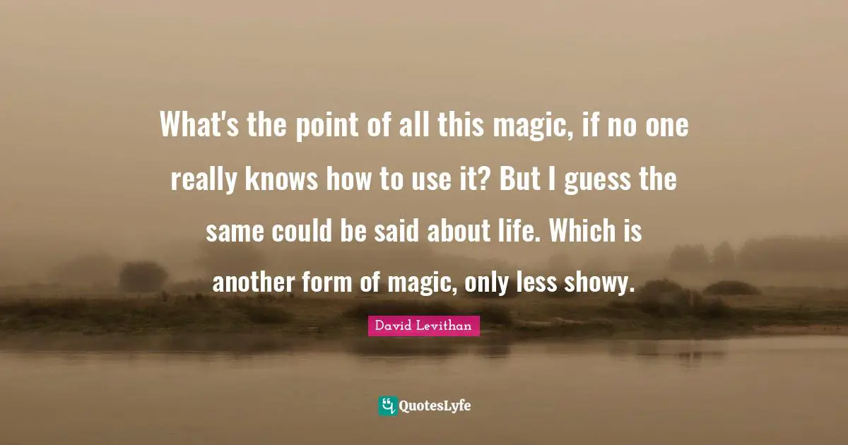What's the point of all this magic, if no one really knows how to use it? But I guess the same could be said about life. Which is another form of magic, only less showy.