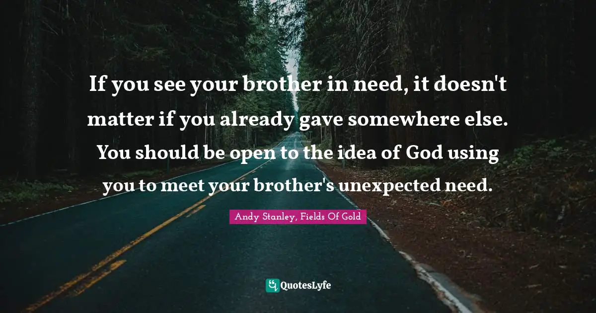 Andy Stanley Quotes: "If you see your brother in need, it doesn't matter if you already gave somewhere else. You should be open to the idea of God using you to meet your brother's unexpected need."
