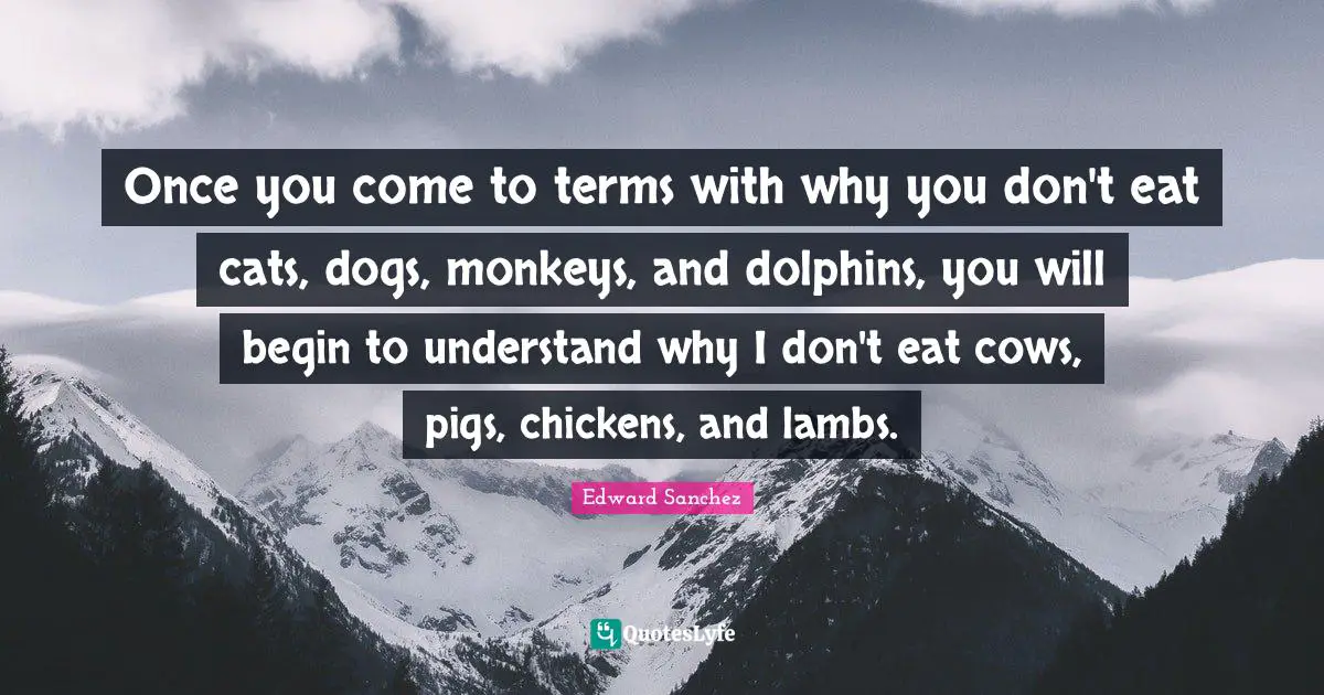 Once you come to terms with why you don't eat cats, dogs, monkeys, and dolphins, you will begin to understand why I don't eat cows, pigs, chickens, and lambs.
