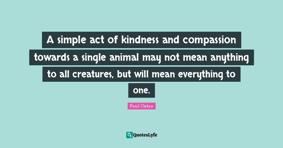 A simple act of kindness and compassion towards a single animal may not mean anything to all creatures, but will mean everything to one.