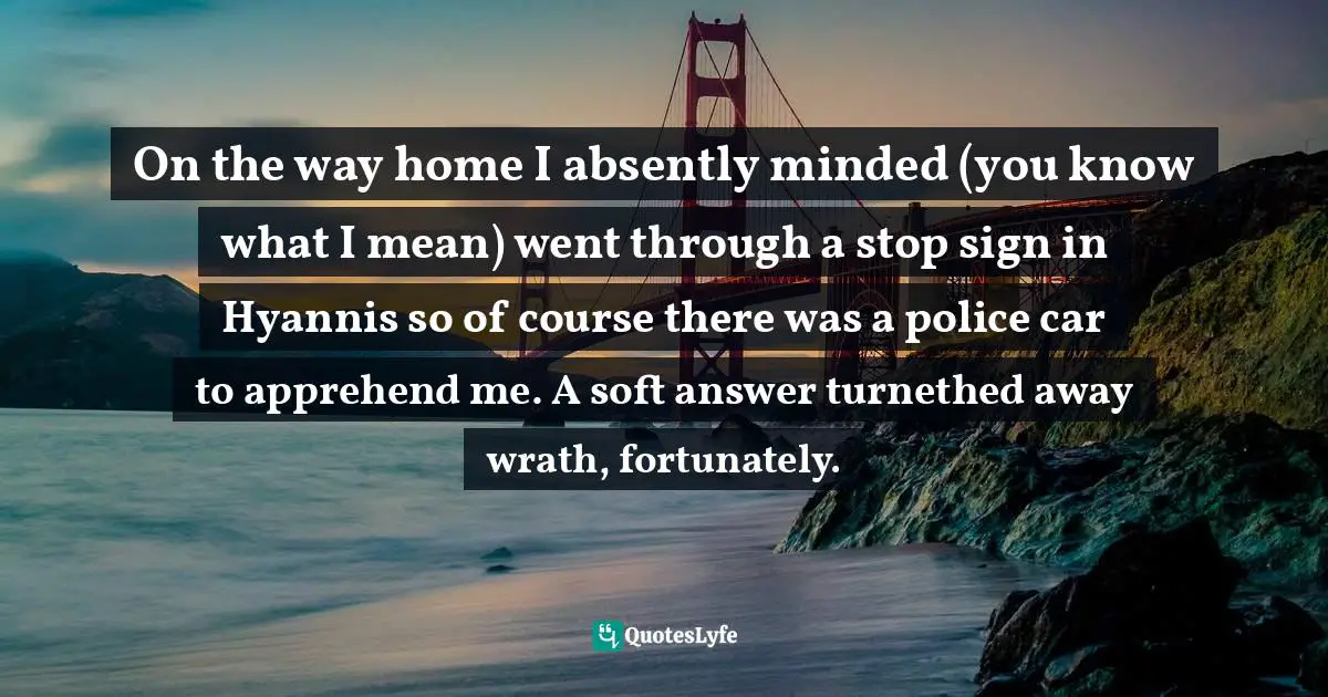 On the way home I absently minded (you know what I mean) went through a stop sign in Hyannis so of course there was a police car to apprehend me. A soft answer turnethed away wrath, fortunately.